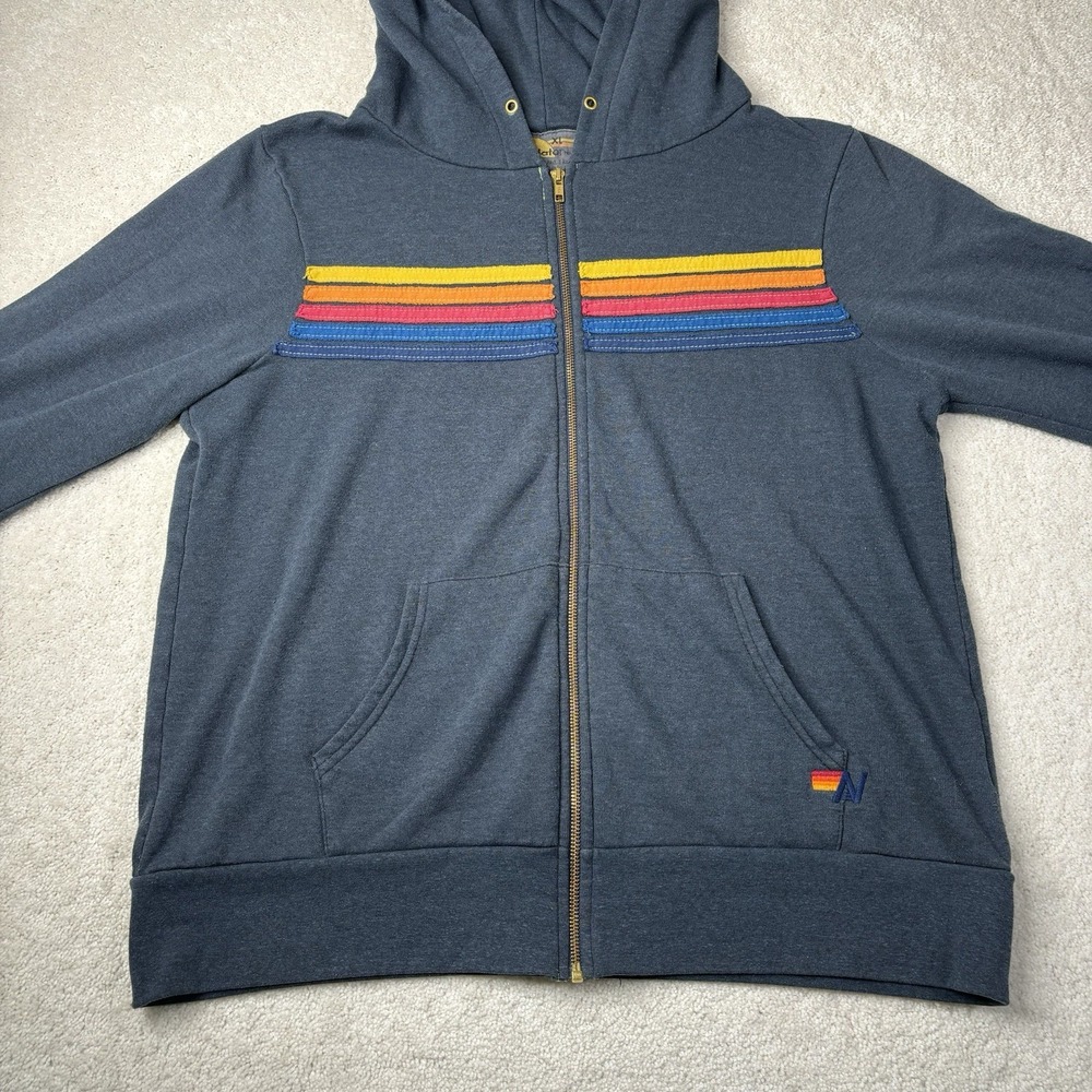 Aviator Nation Blue Hoodie with Rainbow Stripes